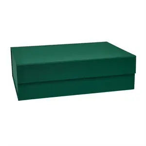 Rektangulær, mørkegrøn opbevaringsæske med låg, enkel og minimalistisk design.