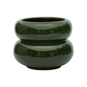Grøn keramisk potte med blank overflade, rund form og to-lags design med bredere top.