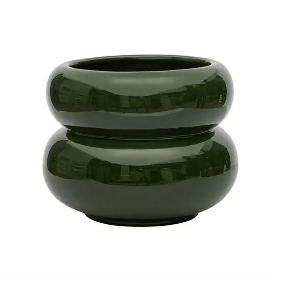 Grøn keramisk potte med blank overflade, rund form og to-lags design med bredere top.