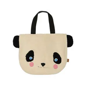 Taske med panda-design, lyse farver, sorte ører, blå øjne, lyserøde kinder og rundet rektangulær form.