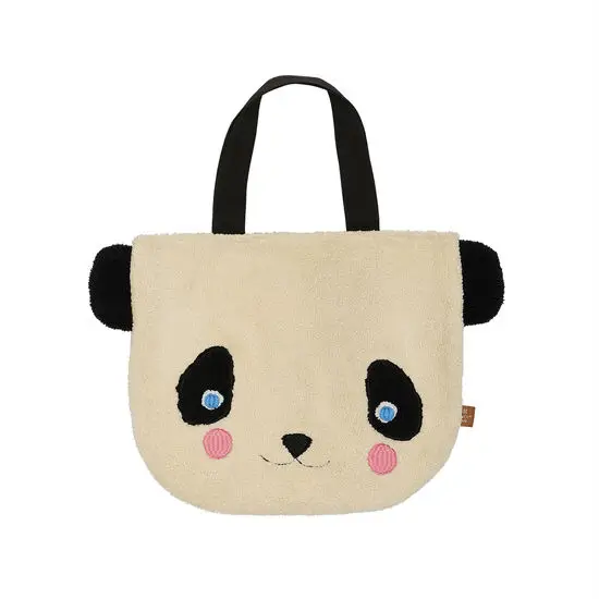 Taske med panda-design, lyse farver, sorte ører, blå øjne, lyserøde kinder og rundet rektangulær form.
