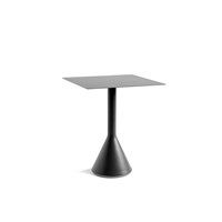 Firkantet bord med minimalistisk design, central søjle og konisk base i ensartet antracitfarve.