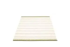 Rektangulært tæppe med vandrette striber i nuancer, mørk olivengrøn kant med mønster.