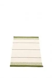 Tæppe med stribet mønster i mørk oliven og neutral farve. Mørk oliven striber ved enderne.