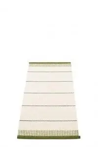 Tæppe med lys base, mørke oliven striber og solid mørkeoliven kant i begge ender.