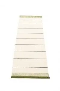 Rektangulært tæppe med hvide og mørk oliven striber, solid mørk oliven kant i enderne.