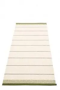 Rektangulært tæppe med lyse og mørke striber og mørk oliven kant.