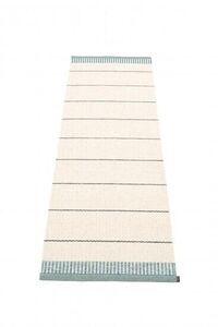 Rektangulært tæppe med lyse og mørke striber samt geometriske former ved enderne.