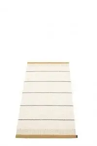 Rektangulært tæppe med lys base, mørke striber, og okkerfarvede kanter i begge ender.