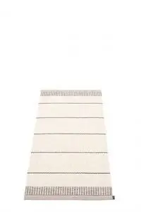 Rektangulært tæppe i lys rosa med horisontale striber og mønstret kant. Str. 60x125 cm.