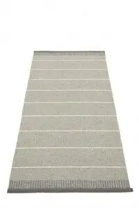 Rektangulært tæppe 85x200 cm med lyse og mørke horisontale striber og mørke kanter.