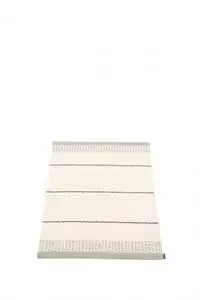 Tæppe med vandrette grå striber og grå kanter, 60x85 cm.