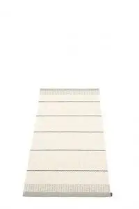 Tæppe med vandrette striber i varme gråtoner og synlige kantdesign på begge sider.