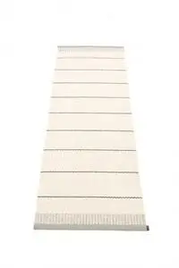 Tæppe i varm grå med vandrette striber og en lille mærkat i den ene ende.