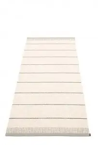 Rektangulært tæppe med lysegrå bund, mørke striber og kanter på begge ender.