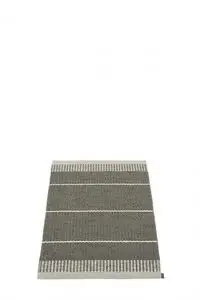 Rektangulært tæppe med skiftende grå striber og hvide detaljer, størrelse 60x85 cm.