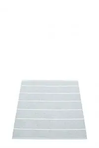 Rektangulært tæppe med vandrette striber i lys og mørk blå.
