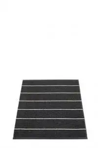 Sort tæppe med hvide, ensartede horisontale striber i et jævnt mønster.