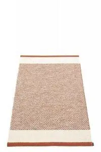 Rektangulært tæppe med brune nuancer i midten og lyse kanter, måler 85 x 160 cm.