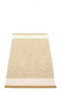 Rektangulært tæppe, 85 x 160 cm, med mønster og farveblokke i okker, vanilje og beige.