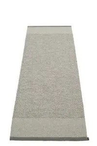 Rektangulært tæppe i kul, varm grå og sten, med tekstur og markante kanter foroven og forneden.