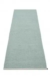 Tæppe med ensartet vævning i blød grøn/blå nuance og lille mærke i hjørnet.