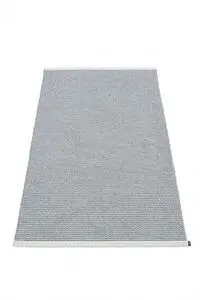 Rektangulært tæppe i ensartet stormgrå med lysere kantdetaljer, måler 85x160 cm.