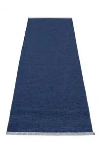 Rektangulært mørkeblåt tæppe med vævet tekstur og lysere kanter.
