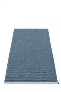 Rektangulært tæppe i oceanblå med vævet tekstur og lyse kanter langs siderne.