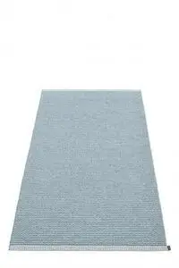 Rektangulært tæppe i lys blå med subtilt mønster. Måler 85x160 cm.