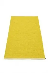 Rektangulært tæppe, sennepsgul farve, hvide kanter, 85x160 cm.