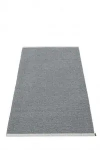 Gråt rektangulært tæppe med vævet mønster og diskret tekstur, måler 85x160 cm.