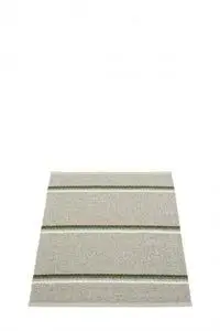Rektangulært tæppe med brede, horisontale striber i grønne linjer på lys beige eller grå baggrund.