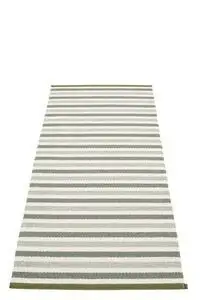 Rektangulært tæppe med striber i grønne nuancer og mørkegrønne kanter, 85 x 200 cm.