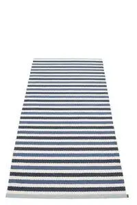 Rektangulært tæppe med blå og hvide striber på hvid baggrund, 85 x 200 cm.