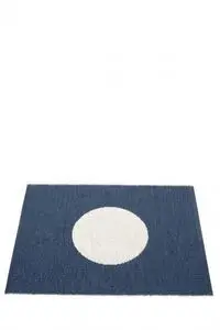 Rektangulært tæppe med stor hvid cirkel på oceanblå baggrund, vendbart design.