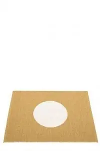 Rektangulært tæppe i okker med en hvid cirkel i midten, vendbart design.