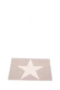 Rektangulært tæppe i pale rose med hvid stjerne i midten.