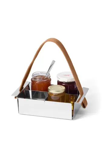 Spejlpoleret bordcaddy med håndtag og rum til opbevaring af glas.