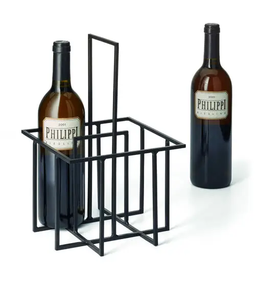 Minimalistisk cubo-flaskeholder i sort metal, geometrisk design, med plads til vinflasker.