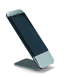 Minimalistisk mobilholder i sort og metal, vinklet design for optimal visning.