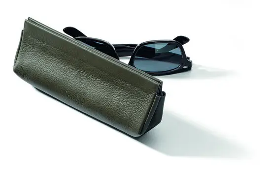 Tekstureret etui med slankt design ved siden af solbriller, muligvis til opbevaring af briller.