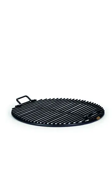 Rund grillrist med parallelle stænger og et håndtag på siden, designet til madlavning.