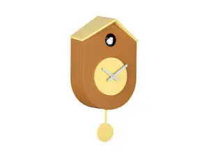 Vægur i husform med spidst tag, lille fugl øverst, gul skive og pendul. Farve: okkergul.
