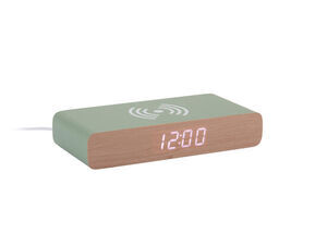 Rektangulært vækkeur med grøn top, træfront og LED-display viser "12:00".