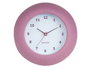 Vægur med ribbet rosa kant, hvid urskive, sorte tal og rosa visere, inkl. sekundviser.
