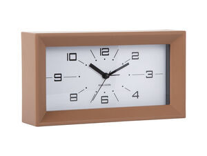 Rektangulær alarmklokke med mocha brun ramme, sorte tal og visere på hvid urskive.