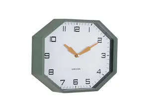 Ottekantet vægur med hvid skive, sorte tal, okkergule visere og junglegrøn ramme.