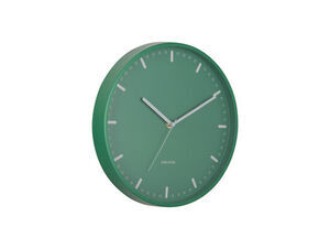 Rund grøn vægur med hvide time- og minutmarkeringer, små prikker for minutter, mærket "KARLSSON".