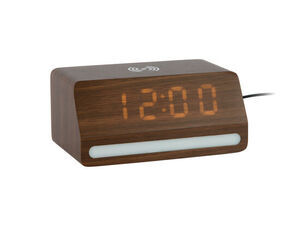 Retro alarmklokke med LED-display, viser "12:00", mørkt træfinér, med ledning tilsluttet.